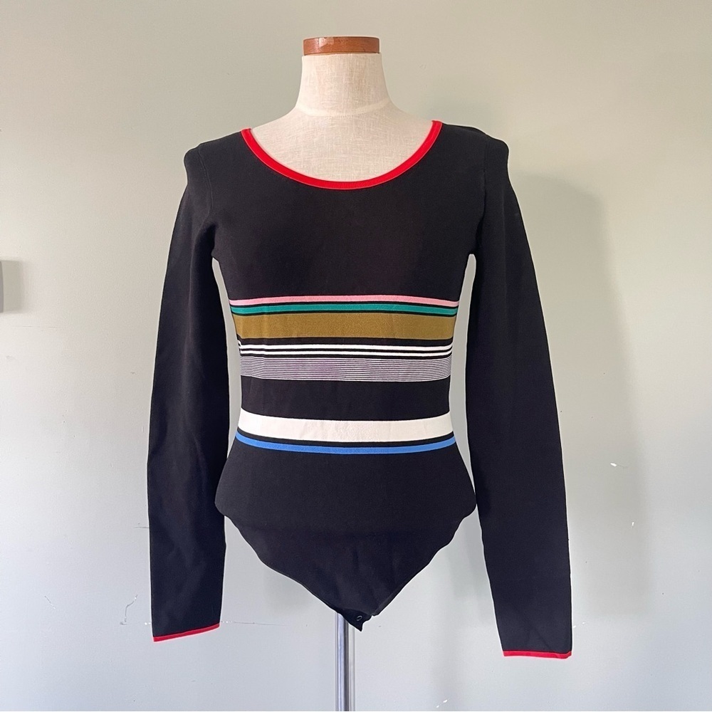 Diane Von Furstenberg Black stripe fine knit Bodysuit size Medium preowned